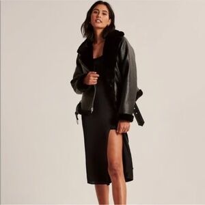 Abercrombie & Fitch - Vegan Fur Lined Aviator Moto Leather Jacket - Black